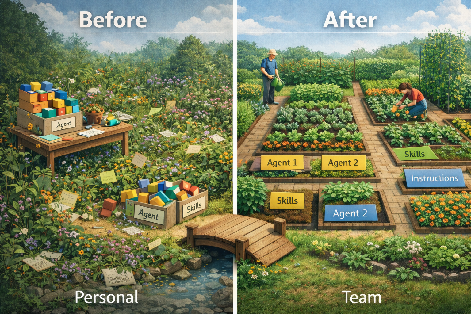 Garden with a messy field and a well-maintained field, illustrating the concept of organizing a workspace for growth and evolution