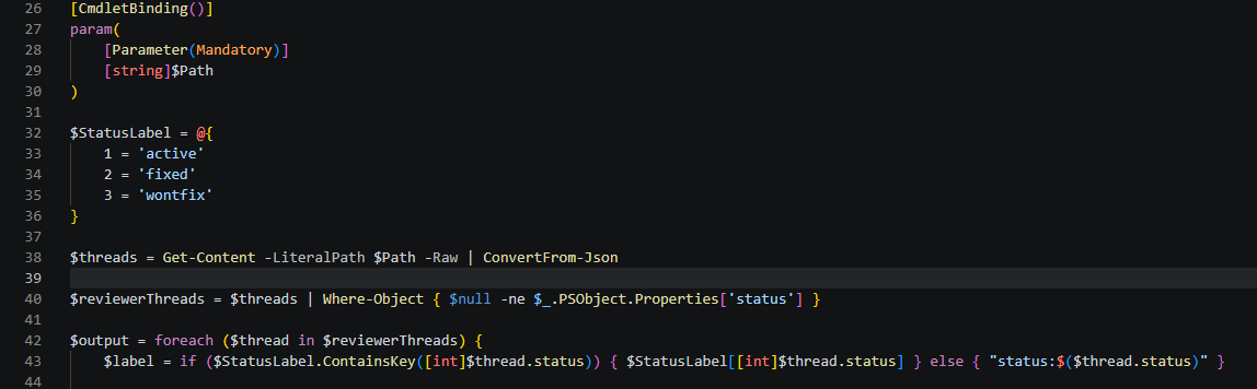 PowerShell script filtering Azure DevOps pull request threads, stripping TFS push-notification noise and keeping only reviewer comments